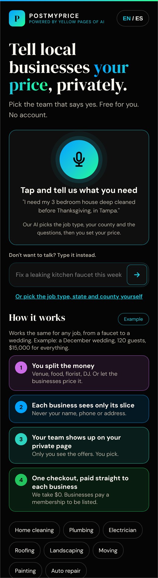 PostMyPrice design: Home · English preview. Example preview, not a live app capture.