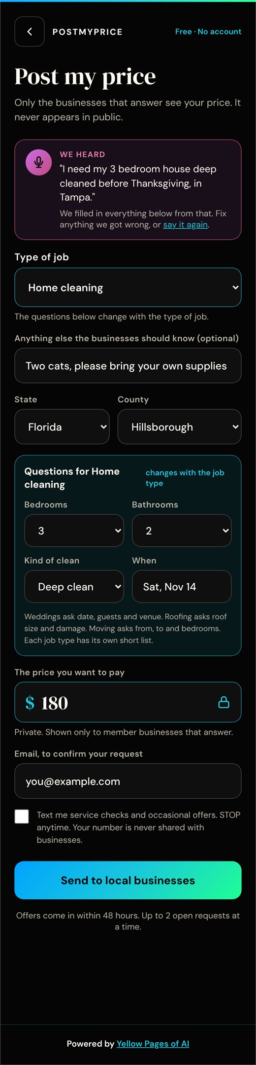 PostMyPrice design: Post my price · English preview. Example preview, not a live app capture.