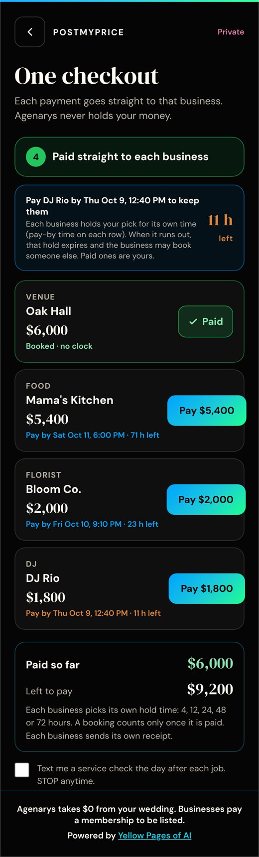 PostMyPrice design: One checkout · English preview. Example preview, not a live app capture.