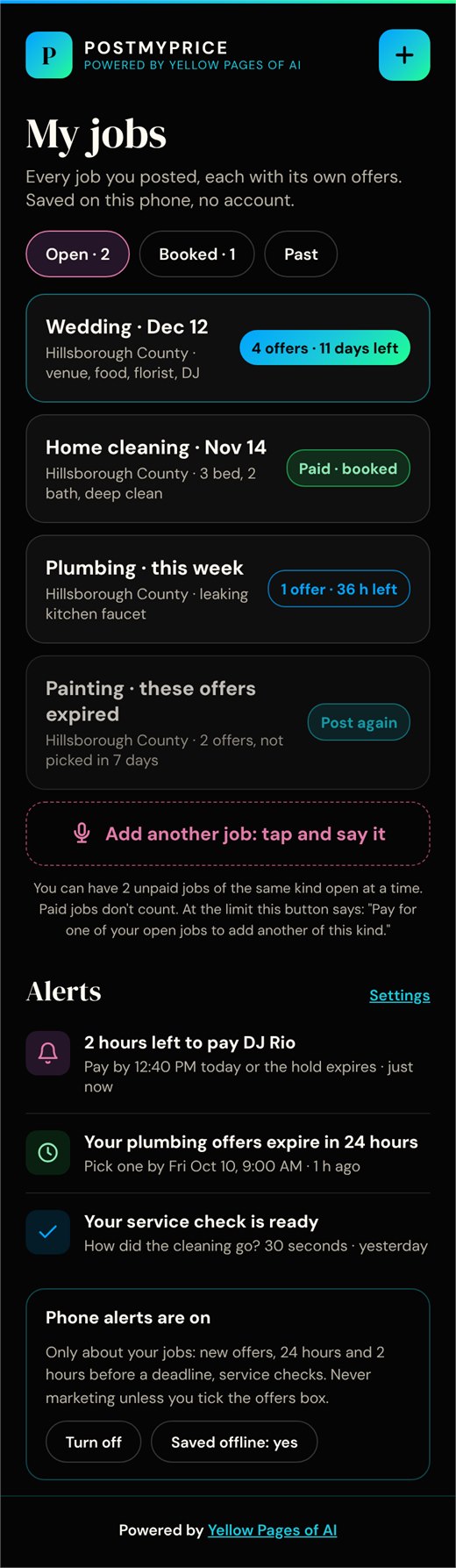 PostMyPrice design: My jobs · English preview. Example preview, not a live app capture.