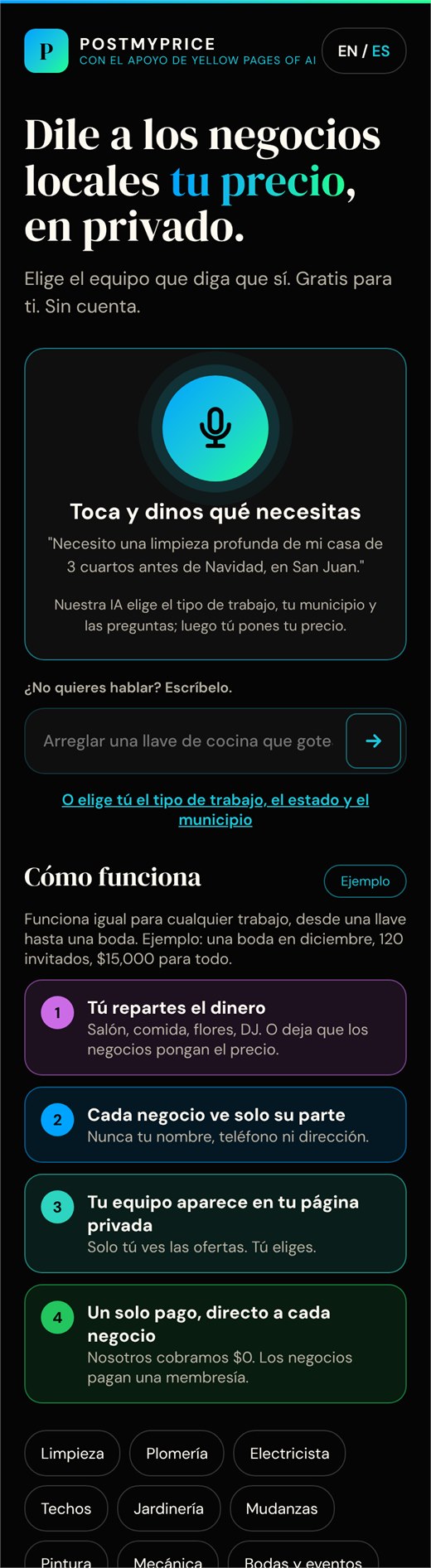 PostMyPrice design: Inicio · Spanish preview. Example preview, not a live app capture.